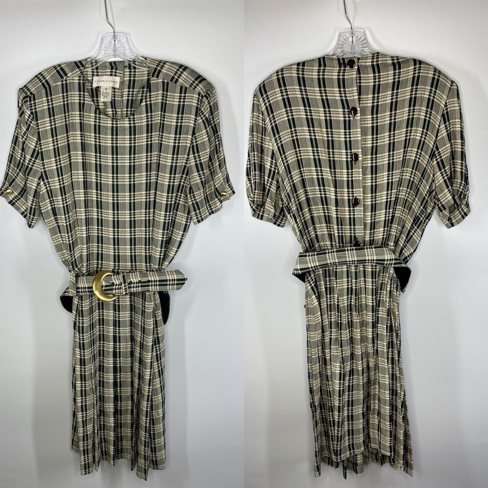Casual Corner Vintage Green Cream Midi Scoop Neck Belted Dress